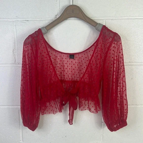 Anthropologie Only Hearts Coeur Dot Tulle Half-Sleeve Deep-V Top lingerie Red - Picture 4 of 7